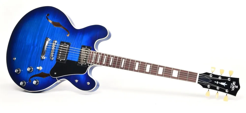 Ausverkauf SIGMA GUITARS HBA-102H-TBB Semi-Hollow E-Gitarre inkl. Koffer, trans blue