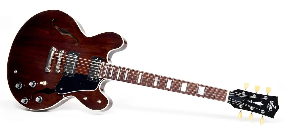 Preiswert SIGMA GUITARS HBW-102H-DS Semi-Hollow E-Gitarre inkl. Koffer, dark stain