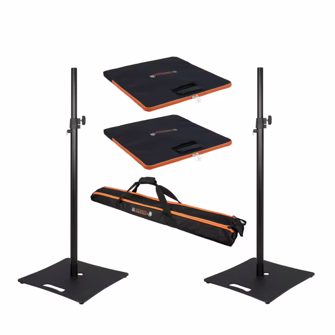 Billig Showgear Lautsprecher- & Lichtstativset mit Bodenplatten und Taschen
